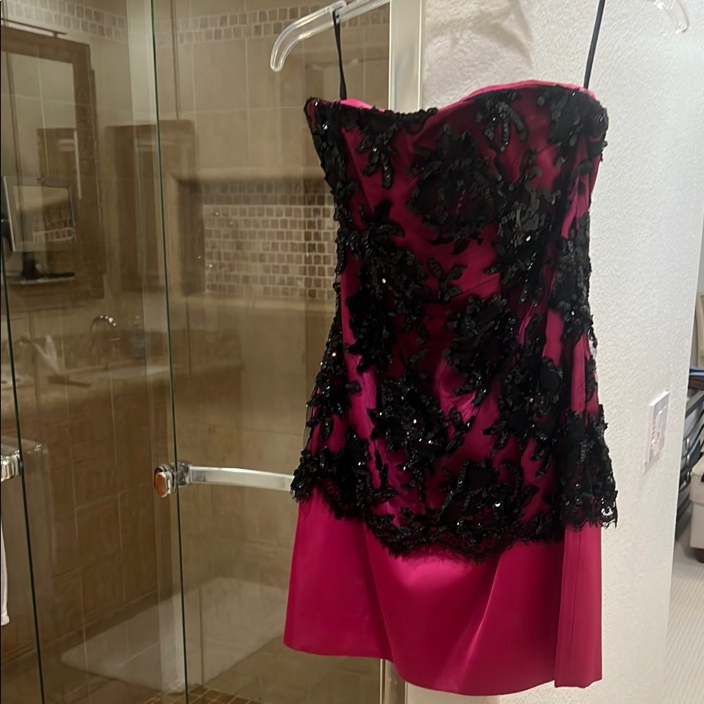 Elegant Pink and Black Strapless Dress with lace overlay!